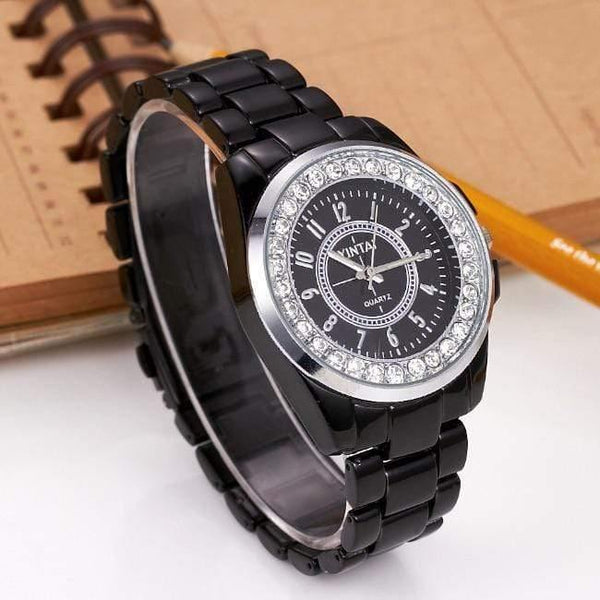 Planet Gates Black Watch Korea Style Round Dial Crystal Fashion Quartz Wristwatch Black&White Alloy Bracelet Watch Unisex masculino relojes