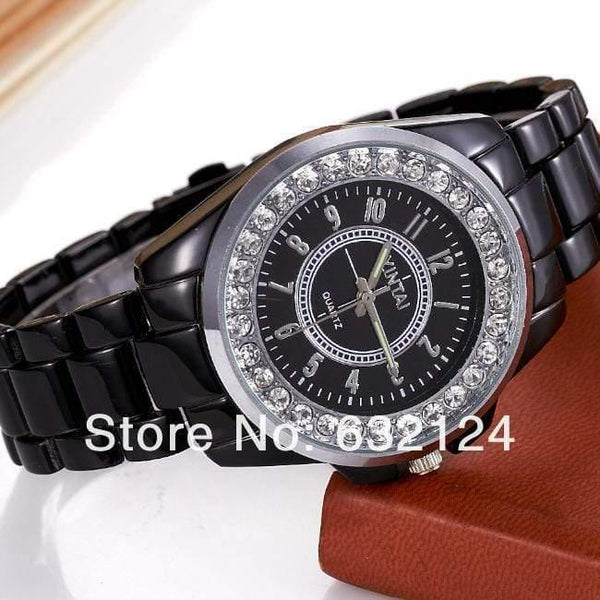 Planet Gates Black Watch Korea Style Round Dial Crystal Fashion Quartz Wristwatch Black&White Alloy Bracelet Watch Unisex masculino relojes