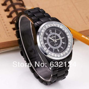 Planet Gates Black Watch Korea Style Round Dial Crystal Fashion Quartz Wristwatch Black&White Alloy Bracelet Watch Unisex masculino relojes