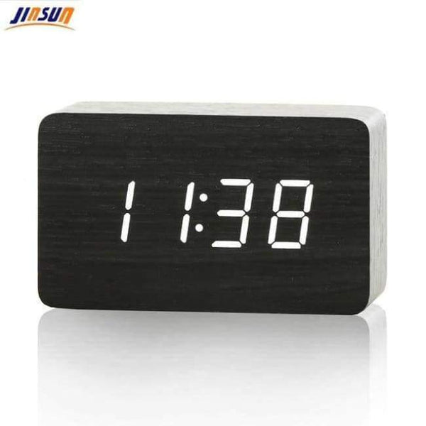 Planet Gates Black-White JINSUN Wood Bamboo LED Alarm Clock Reloj Despertador Modern Temperature Desk Clock LED Electronic Desktop Digital Table Clock