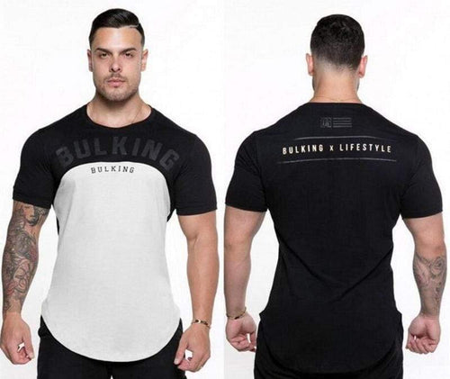 Men Summer Gyms Fitness Workout Bodybuilding T-shirt Short Sleeve Cotton T Shirt Male Casual Fashion Patchwork Tee Tops Clothing