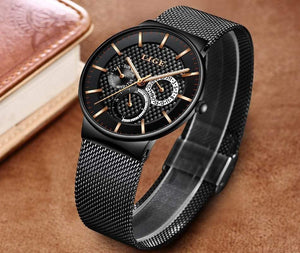 Planet Gates black white Mens Watches Fashion Top Brand Luxury Quartz Watch Men Casual Slim Mesh Steel Date Waterproof Sport Watch Relogio Masculino