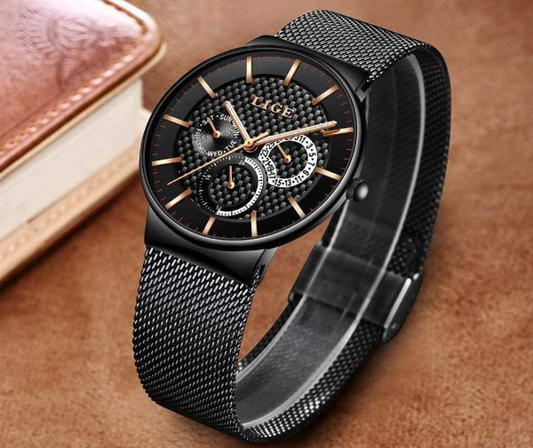 Planet Gates black white Mens Watches Fashion Top Brand Luxury Quartz Watch Men Casual Slim Mesh Steel Date Waterproof Sport Watch Relogio Masculino