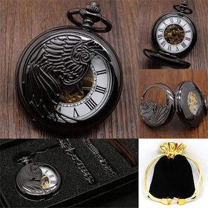 Planet Gates Black Wings Mechanical Pocket Watch Set Luxury Pendant Watch for Men Men with Pocket & Necklace Chain Pouch Bag