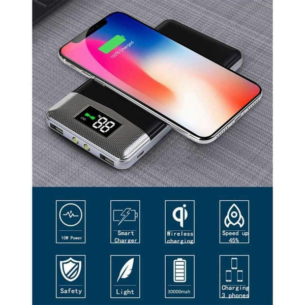 Planet Gates Black Wireless 30000mah Power Bank External Battery Bank Built-in Wireless Charger Powerbank Portable for iPhone 8 X 18650