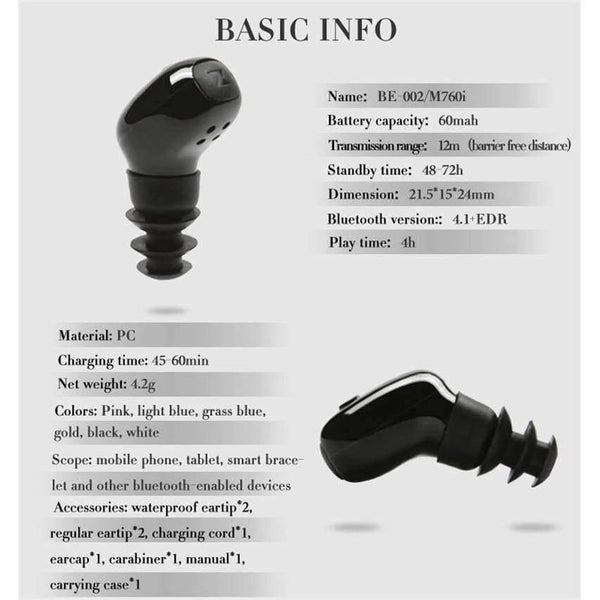 Planet Gates Black Wireless Bluetooth Earphone Waterproof IP67 Headset With Mic Sport Earbuds Handsfree call for Swimming for Iphone All Phone