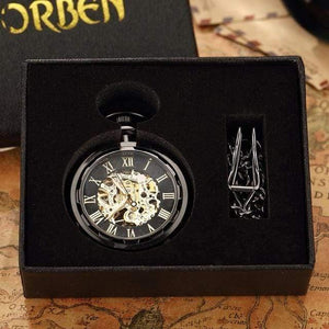 Planet Gates Black with box Skeleton Mechanical Pocket Watch Men Steampunk Mechanical Fob Watches Clock Pendant Hand-winding Relogio De Bolso