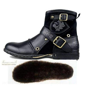 Planet Gates BLACK WITH FUR / 7 OTTO ZONE Men's Autumn/Winter Martin Boots Genuine Cow Leather High Top Ankle Boots Cotton-Padded Leather Shoes Size EU 39-46