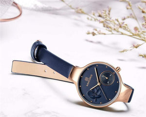 Planet Gates Black Women Fashion Blue Quartz Watch Lady Leather Watchband High Quality Casual Waterproof Wristwatch Gift for Wife