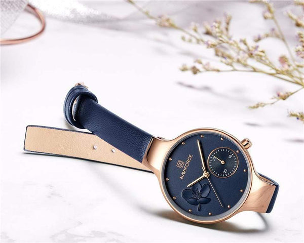 Planet Gates Black Women Fashion Blue Quartz Watch Lady Leather Watchband High Quality Casual Waterproof Wristwatch Gift for Wife
