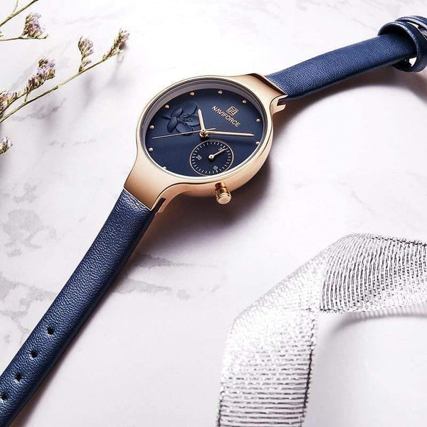 Planet Gates Black Women Fashion Blue Quartz Watch Lady Leather Watchband High Quality Casual Waterproof Wristwatch Gift for Wife