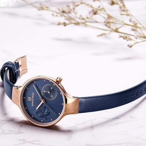 Planet Gates Black Women Fashion Blue Quartz Watch Lady Leather Watchband High Quality Casual Waterproof Wristwatch Gift for Wife