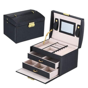 Planet Gates Black Women Jewelry Storage Organizer Drawers Box Travel Makeup Cosmetic Case & Mirror Leather Wedding Decoration Gift