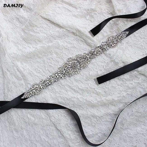 Planet Gates Black Women's Crystal Wedding Belts Luxury Rhinestone Wedding Dress Belt Bridal Wedding Accessories Satin Ribbon Sash Belt Waistband