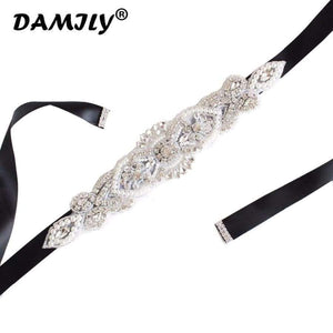 Planet Gates Black Women's Wedding Belts Rhinestone Wedding Dress Belt Wedding Accessories Satin Ribbon Bridal Sash Party Gown Bride Crystal Belt