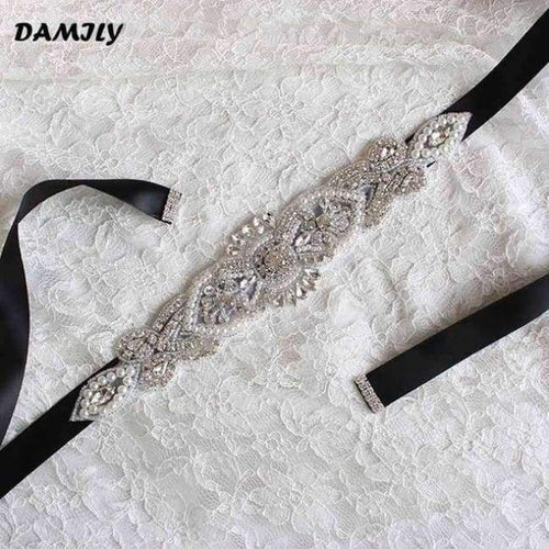 Planet Gates Black Women's Wedding Belts Rhinestone Wedding Dress Belt Wedding Accessories Satin Ribbon Bridal Sash Party Gown Bride Crystal Belt