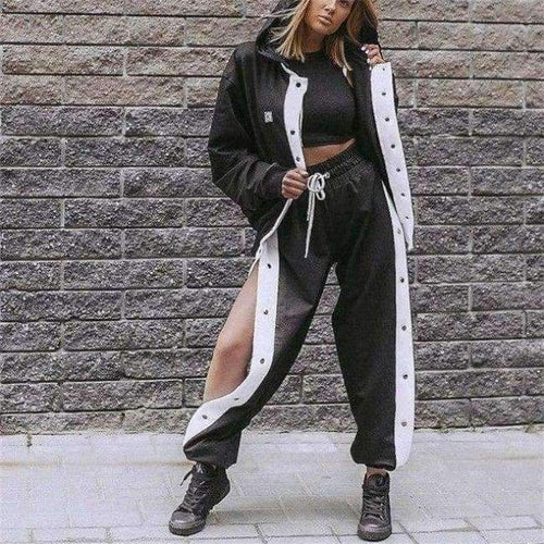 Planet Gates black women set / L Autumn New Design 2 Piece Set Women Purple 4 Colors Button Hoodies Cut Off Pant Female Casual Sets Winter Fashion