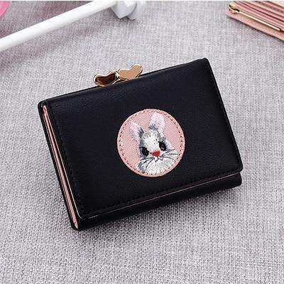 Planet Gates Black Women Wallet Rabbit Cloth Stickers Change Folder Japanese Kawaii Girl Short Multi-function Coin Purse Card Sets