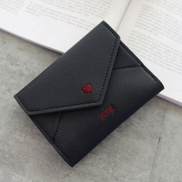 Planet Gates Black Women Wallets Purse  Mini Wallet Love Heart-shaped Embroidery Line Lychee Pattern Multifunctional Wallet 3 Fold Small Wallet