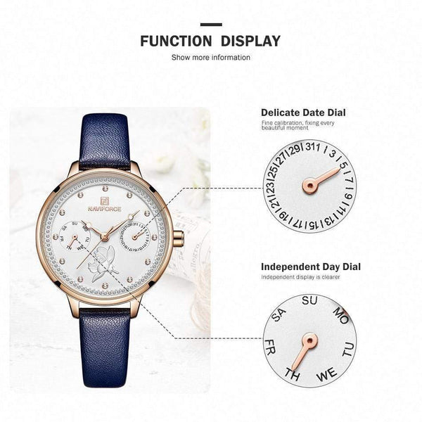 Planet Gates Black Women Watch Fashion Quartz Lady Leather Watchband Date Week Casual Waterproof Wristwatch Gift for Girl  New Blue