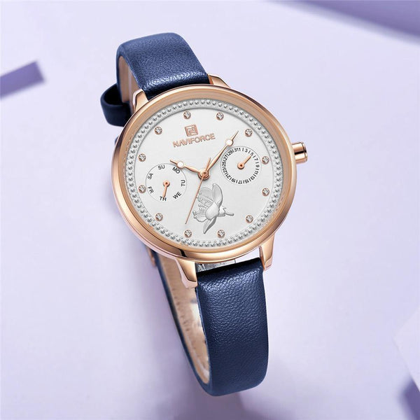 Planet Gates Black Women Watch Fashion Quartz Lady Leather Watchband Date Week Casual Waterproof Wristwatch Gift for Girl  New Blue