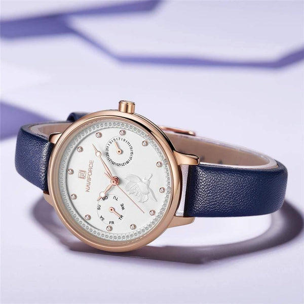 Planet Gates Black Women Watch Fashion Quartz Lady Leather Watchband Date Week Casual Waterproof Wristwatch Gift for Girl  New Blue