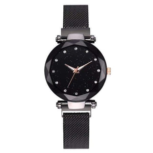 Planet Gates Black Women Watches Mesh Ladies Clock Magnet Buckle Starry Diamond Geometric Surface Casual Dress Quartz Wristwatch