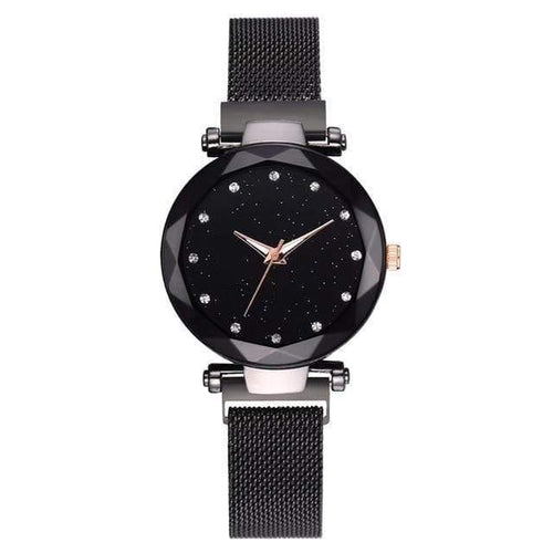 Planet Gates Black Women Watches Mesh Ladies Clock Magnet Buckle Starry Diamond Geometric Surface Casual Dress Quartz Wristwatch
