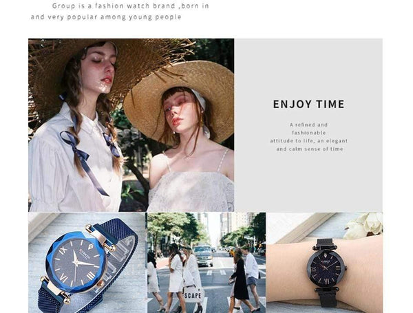 Planet Gates Black Women Watches Mesh Ladies Clock Magnet Buckle Starry Diamond Geometric Surface Fashion Casual Quartz Wristwatch