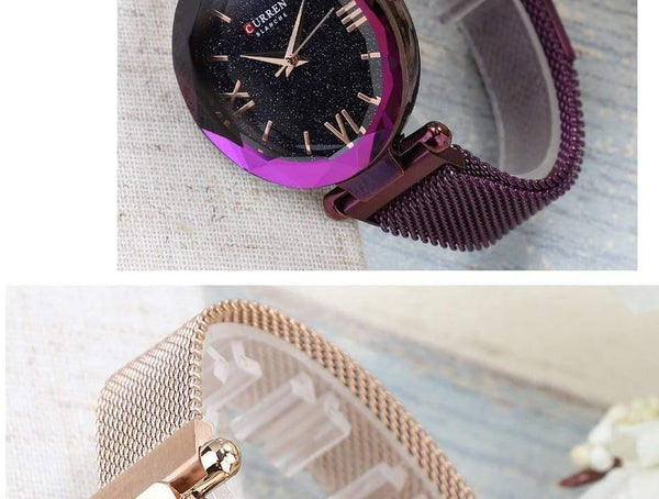 Planet Gates Black Women Watches Mesh Ladies Clock Magnet Buckle Starry Diamond Geometric Surface Fashion Casual Quartz Wristwatch