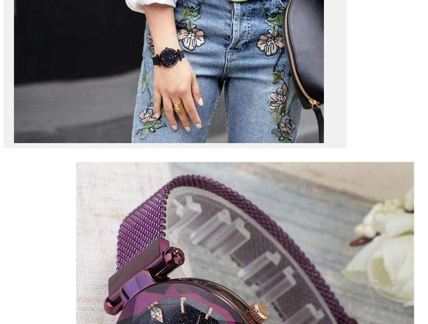Planet Gates Black Women Watches Mesh Ladies Clock Magnet Buckle Starry Diamond Geometric Surface Fashion Casual Quartz Wristwatch