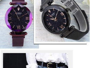 Planet Gates Black Women Watches Mesh Ladies Clock Magnet Buckle Starry Diamond Geometric Surface Fashion Casual Quartz Wristwatch