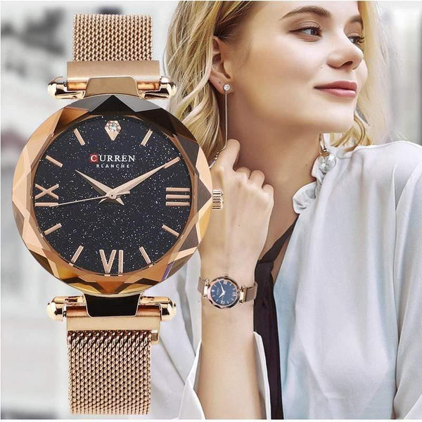 Planet Gates Black Women Watches Mesh Ladies Clock Magnet Buckle Starry Diamond Geometric Surface Fashion Casual Quartz Wristwatch