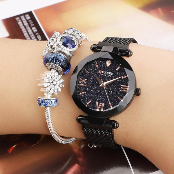 Planet Gates Black Women Watches Mesh Ladies Clock Magnet Buckle Starry Diamond Geometric Surface Fashion Casual Quartz Wristwatch
