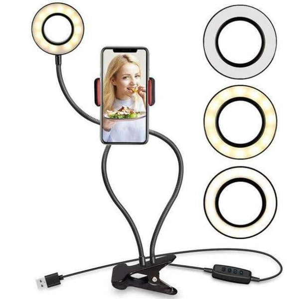 Planet Gates black Wrumava 2 in 1 LED Ring Selfie Light with Lazy Phone Holder 3 Brightness Holder Bracket Desk Lamp for iPhone Android phone