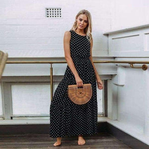 Planet Gates Black / XL 2018 Autumn Hot Sale Women Casual Sleeveless Polka Dot Print Dress Loose Long Maxi Dresses Vestidos Sexy Button