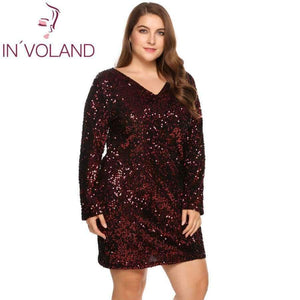 Involand Womens Dress Plus Size Sexy Deep V-Neck Long Sleeve Sequined Bodycon Cocktail Club Sheath Loose Ladies Dresses