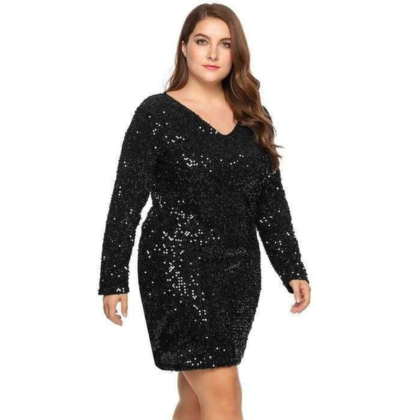 Planet Gates Black / XL / China IN'VOLAND Women's  Dress Plus Size Sexy Deep V-Neck Long Sleeve Sequined Bodycon Cocktail Club Sheath Loose Ladies Dresses