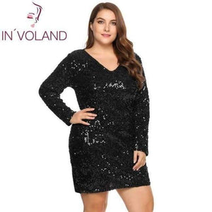 Planet Gates Black / XL / China IN'VOLAND Women's  Dress Plus Size Sexy Deep V-Neck Long Sleeve Sequined Bodycon Cocktail Club Sheath Loose Ladies Dresses