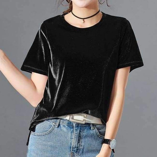 Women T Shirt Short Sleeve Crushed Velvet Summer Womens Tops And T Shirts O-Neck Woman Tee Shirt Femme Manche Courte - Black / Xl