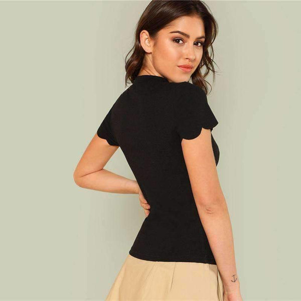 Planet Gates Black / XS Black Elegant Mock Neck Scallop Trim Cut Out V Collar Short Sleeve Solid Tee Summer Women Weekend Casual T-shirt Top