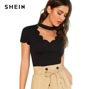 Black Elegant Mock Neck Scallop Trim Cut Out V Collar Short Sleeve Solid Tee Summer Women Weekend Casual T-Shirt Top