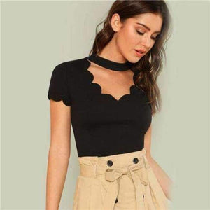 Planet Gates Black / XS Black Elegant Mock Neck Scallop Trim Cut Out V Collar Short Sleeve Solid Tee Summer Women Weekend Casual T-shirt Top