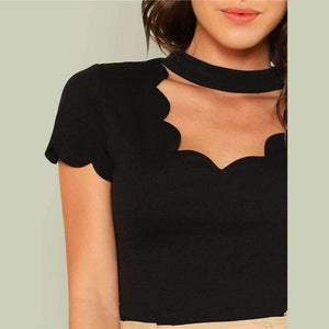 Planet Gates Black / XS Black Elegant Mock Neck Scallop Trim Cut Out V Collar Short Sleeve Solid Tee Summer Women Weekend Casual T-shirt Top