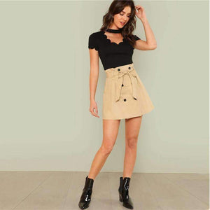 Planet Gates Black / XS Black Elegant Mock Neck Scallop Trim Cut Out V Collar Short Sleeve Solid Tee Summer Women Weekend Casual T-shirt Top