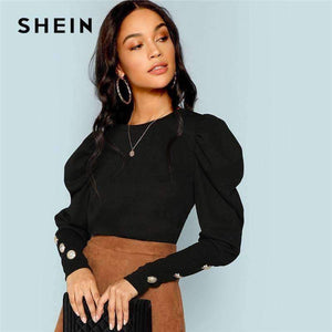 Planet Gates Black / XS Black Elegant Office Lady Puff Sleeve With Button Detail Long Sleeve Solid Tee 2018 Autumn Workwear Women Tops And T shirt
