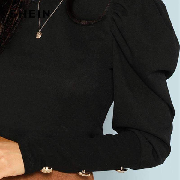 Planet Gates Black / XS Black Elegant Office Lady Puff Sleeve With Button Detail Long Sleeve Solid Tee 2018 Autumn Workwear Women Tops And T shirt