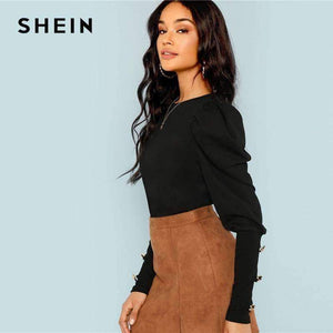 Planet Gates Black / XS Black Elegant Office Lady Puff Sleeve With Button Detail Long Sleeve Solid Tee 2018 Autumn Workwear Women Tops And T shirt