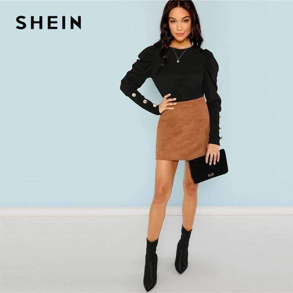 Planet Gates Black / XS Black Elegant Office Lady Puff Sleeve With Button Detail Long Sleeve Solid Tee 2018 Autumn Workwear Women Tops And T shirt