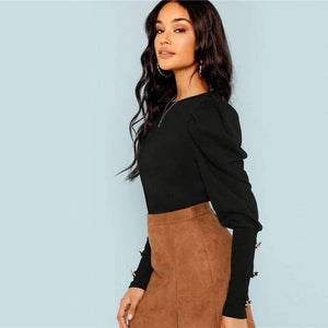 Planet Gates Black / XS Black Elegant Office Lady Puff Sleeve With Button Detail Long Sleeve Solid Tee 2018 Autumn Workwear Women Tops And T shirt